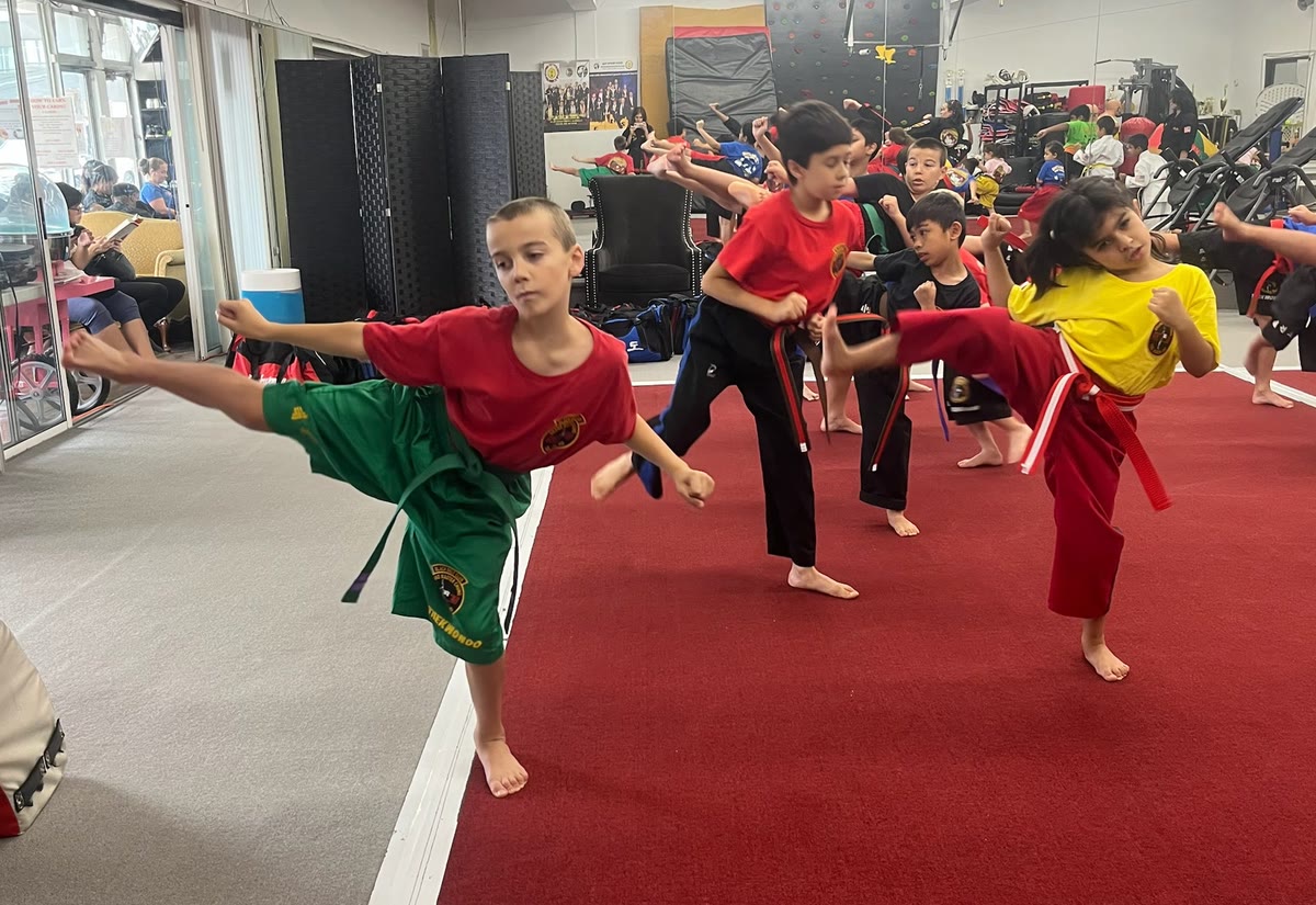 A boy in a red shirt and green trousers throws a side kick in class while classmates kick behind him.