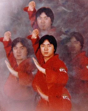 Grandmaster Howard Chung demonstrating martial arts forms in a red uniform.